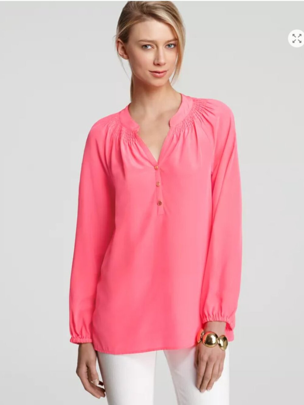 Lilly Pulitzer Elsa 100% Silk Blouse Medium Pink Gold Button Popover Top